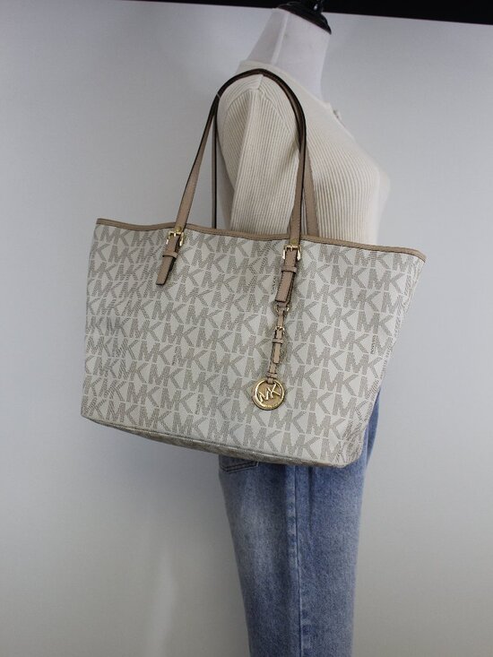 Michael Kors Handbags - Michael Kors Large Logo Tote Cream Tan MK Shoulder Bag PVC Leather